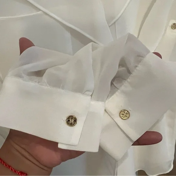 Calvin Klein Sz S Ivory Blouse Layered Sheer Rolled up Sleeve Top Career work - Picture 10 of 11